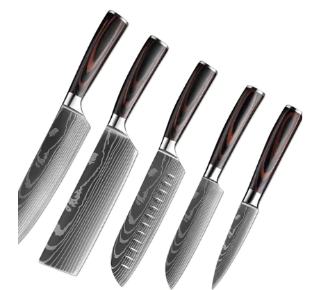 Japanese Sharp Kitchen Knife Set, Laser Damascus Pattern, Slicing Knives, Santoku Cleaver, Meat and Fish Cleaver, Utility Chef, Cooking Tool