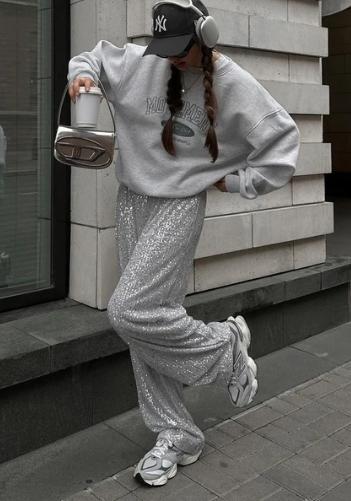 Trendy American style pearlescent sequin straight-leg floor mopping pants